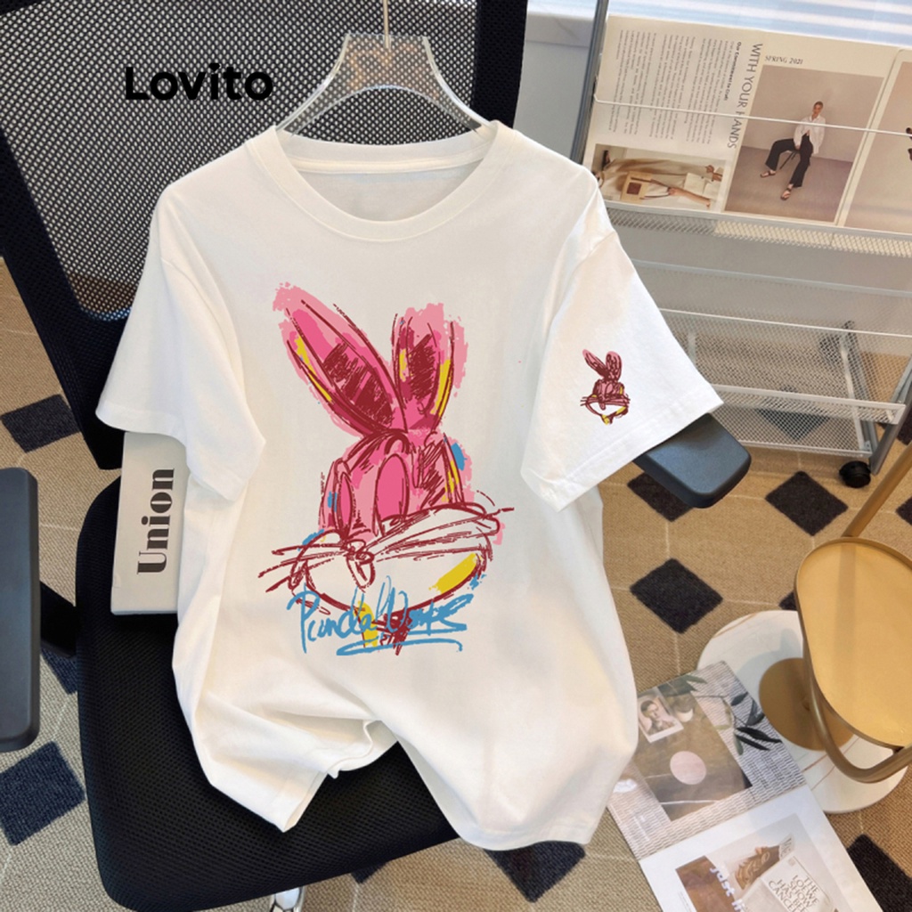 Lovito Casual Camiseta Feminina de Desenho Básica com Gola Redonda e Manga Curta LNE07073 (Branca)