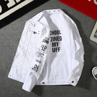 Jaqueta Jeans Masculina De Tendência Com Furos Para Primavera E Outono
