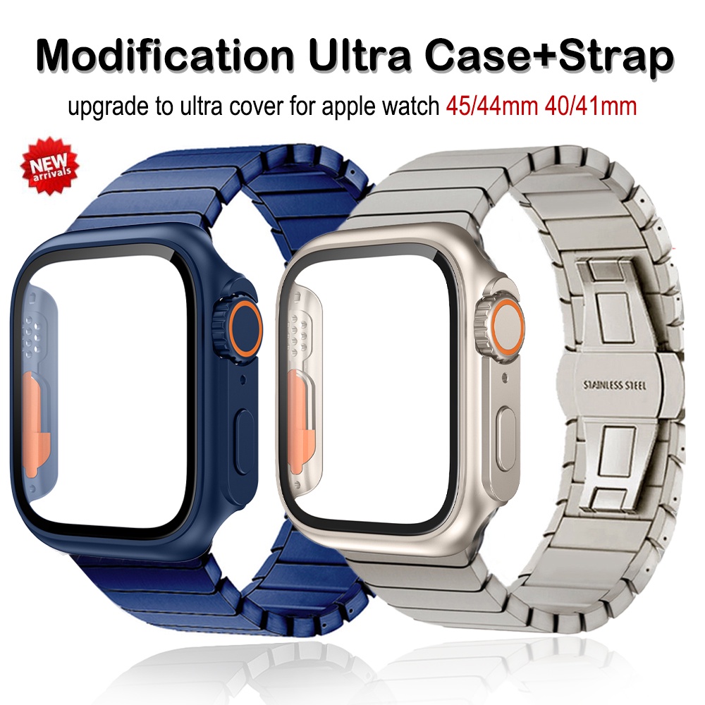 Pulseira de vidro para iwatch 49mm 45mm 44mm 40mm 41mm PC capa de vidro para iwatch 9 8 7 6 5 4 se pulseira de aço inoxidável