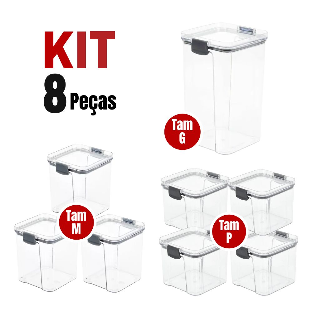 KIt Potes Hermético Com Travas Acrílico Transparente Porta Mantimentos Empilhável