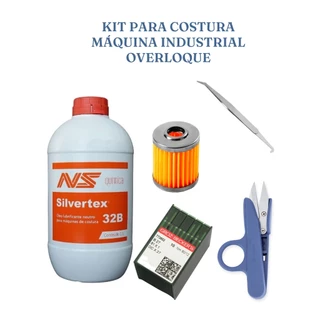 kit 5 peças de Máquina Costura Industrial Overloque, óleo, filtro,pinça, caixa com 10 agulha, tesoura Mundial