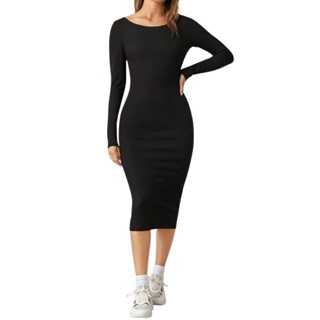 Vestido Feminino Midi Canelado Manga Longa Tubinho com Fenda