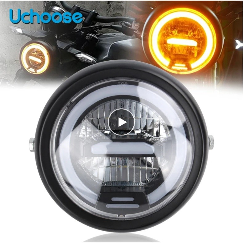 Farol de Led Universal Para Moto 5.75- 6.5 polegadas Com Angel Eyes DRL - Harley Sportster Cafe Racer, Honda, Yamaha, Suzuki