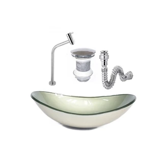 CUBA DE VIDRO OVAL 47CM CHAMPANHE + VÁLVULA CLICK + TORNEIRA DE METAL + SIFAO