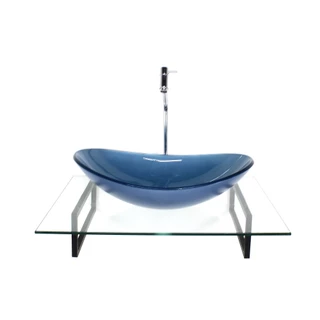 KIT CUBA DE VIDRO OVAL AZUL COM TAMPO 60CM INCOLOR E SUPORTE TORNEIRA VALVULA