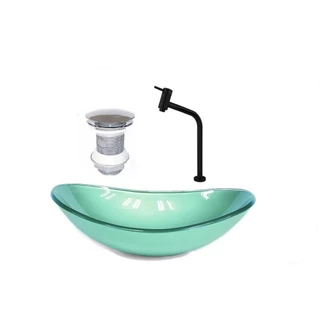 CUBA DE VIDRO OVAL 55CM VERDE VALVULA TORNEIRA PRETA