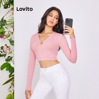 Lovito Camiseta com Recortes em Forma de Anel de Metal de Cor Sólida para Mulheres LBE02084 (Rosa)