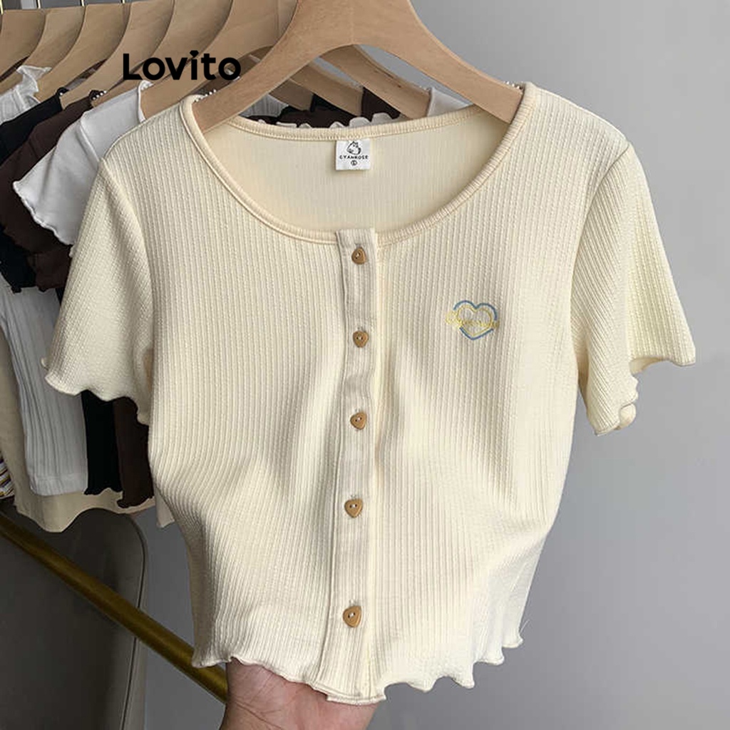 Lovito Camiseta Feminina Casual Com Botões Lisos LNE20057 (Damasco)