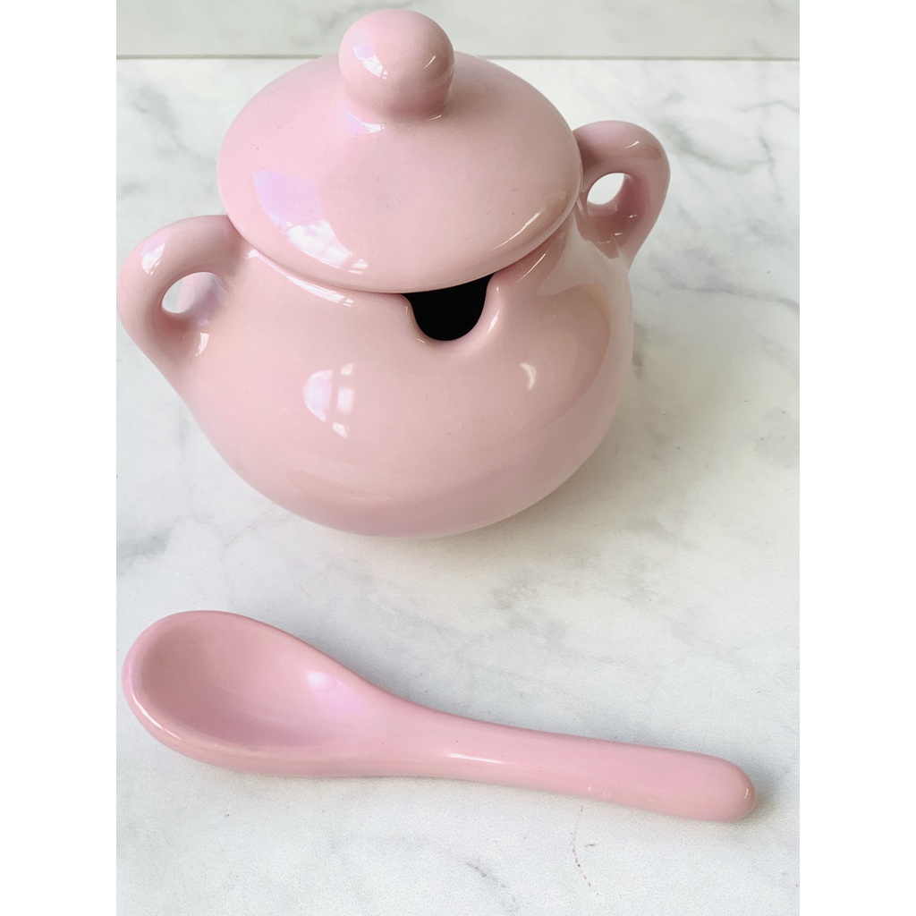 Açucareiro Cerâmica com Colher Rosa