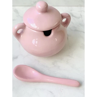 Açucareiro Cerâmica com Colher Rosa