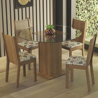 Conjunto Sala de Jantar Madesa Débora Mesa Tampo de Vidro Redondo 4 Cadeiras - Rustic/Hibiscos
