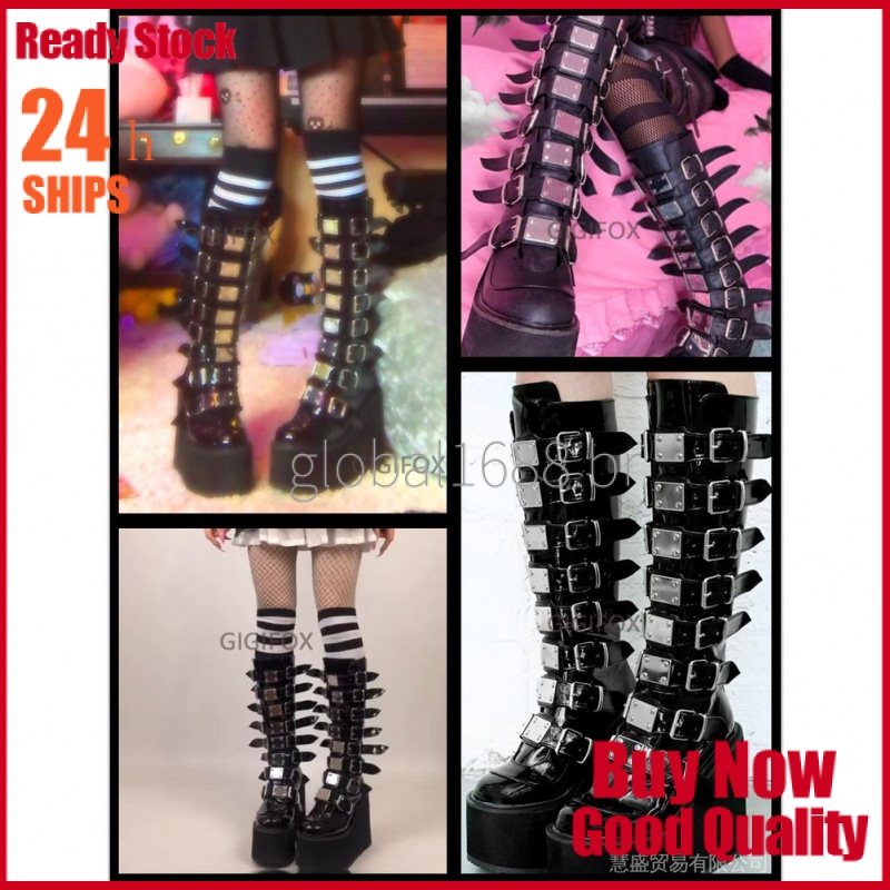 (Em Estoque) Tamanho Grande 43 Preto Estilo Gótico Fresco Do Punk Motocicletas Botas Femininas Cunhas Plataforma De Salto Alto De Bezerro Mulheres Sapatos