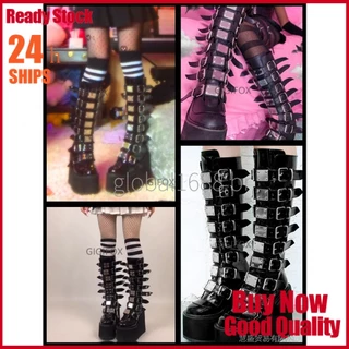 (Em Estoque) Tamanho Grande 43 Preto Estilo Gótico Fresco Do Punk Motocicletas Botas Femininas Cunhas Plataforma De Salto Alto De Bezerro Mulheres Sapatos