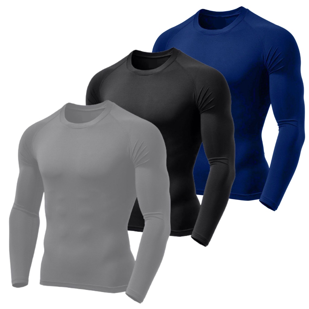 Kit 3 Camisas Preta/Marinho/Cinza Academia Proteção Uv 50+ Tecido Gelado Segunda Pele