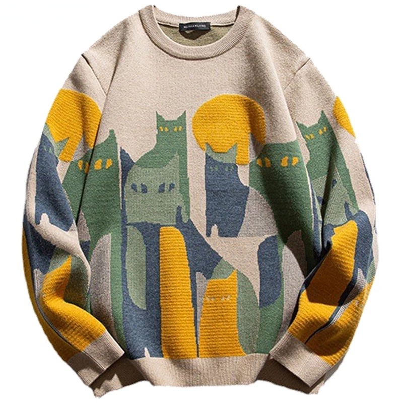 Camisola Japonesa Harajuku Tricotada Homens Mulheres Desenho Animado Full Cat Print Pullover Vintage Causal Loose Sweaters Streetwear Outono