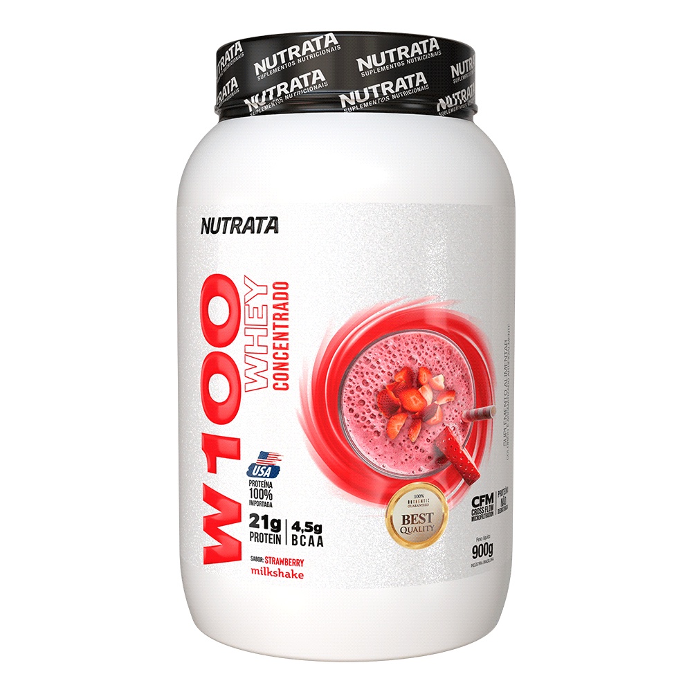 Whey Protein Concentrado 100% W100 Pote 900g Morango – Nutrata