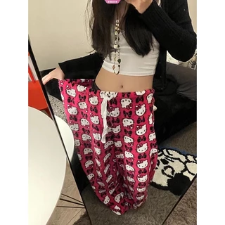 Hello Kitty Calça Solta Cintura Alta Sanrio Lovely Casual Fina Feminina Nova De Perna Larga Estética Y2k Moda Impressa