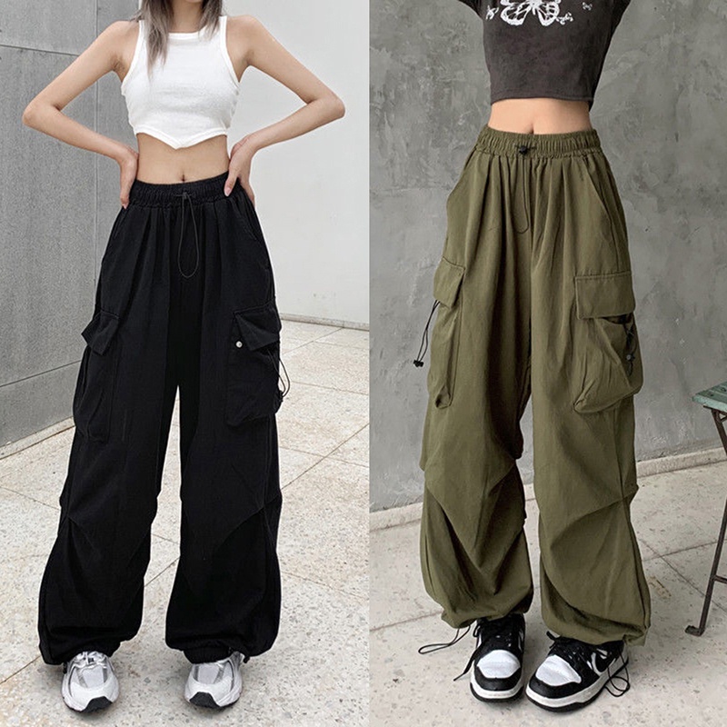 Calças De Carga Vintage Pockets Drawstring High Waist Streetwear Harajuku Baggy Perna Larga Y2k Moda Coreana De Fundo CATCH