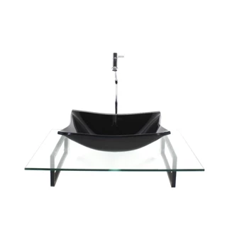 KIT CUBA DE VIDRO RETANGULAR PRETA COM TAMPO 60CM INCOLOR E SUPORTE PRETO