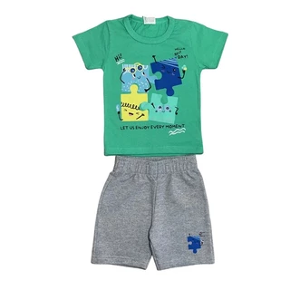 Conjunto Infantil Masculino Estampa Quebra Cabeça Olhinhos Mexem Bermuda Moletinho Lisa 1-2-3
