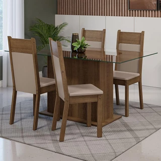 Conjunto Sala de Jantar Mesa Tampo de Vidro 4 Cadeiras Rustic/Crema/Sintético Bege Savana Madesa em Oferta na Shopee