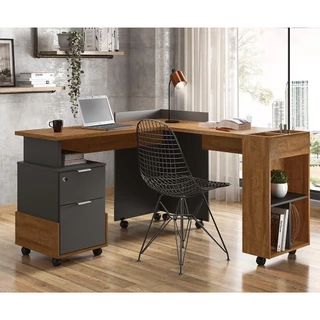 Conjunto Escrivaninha em L Office Com Tampo em Mdf 25mm Para Quarto Alessa Chumbo com Amêndoa - Lukaliam Móveis