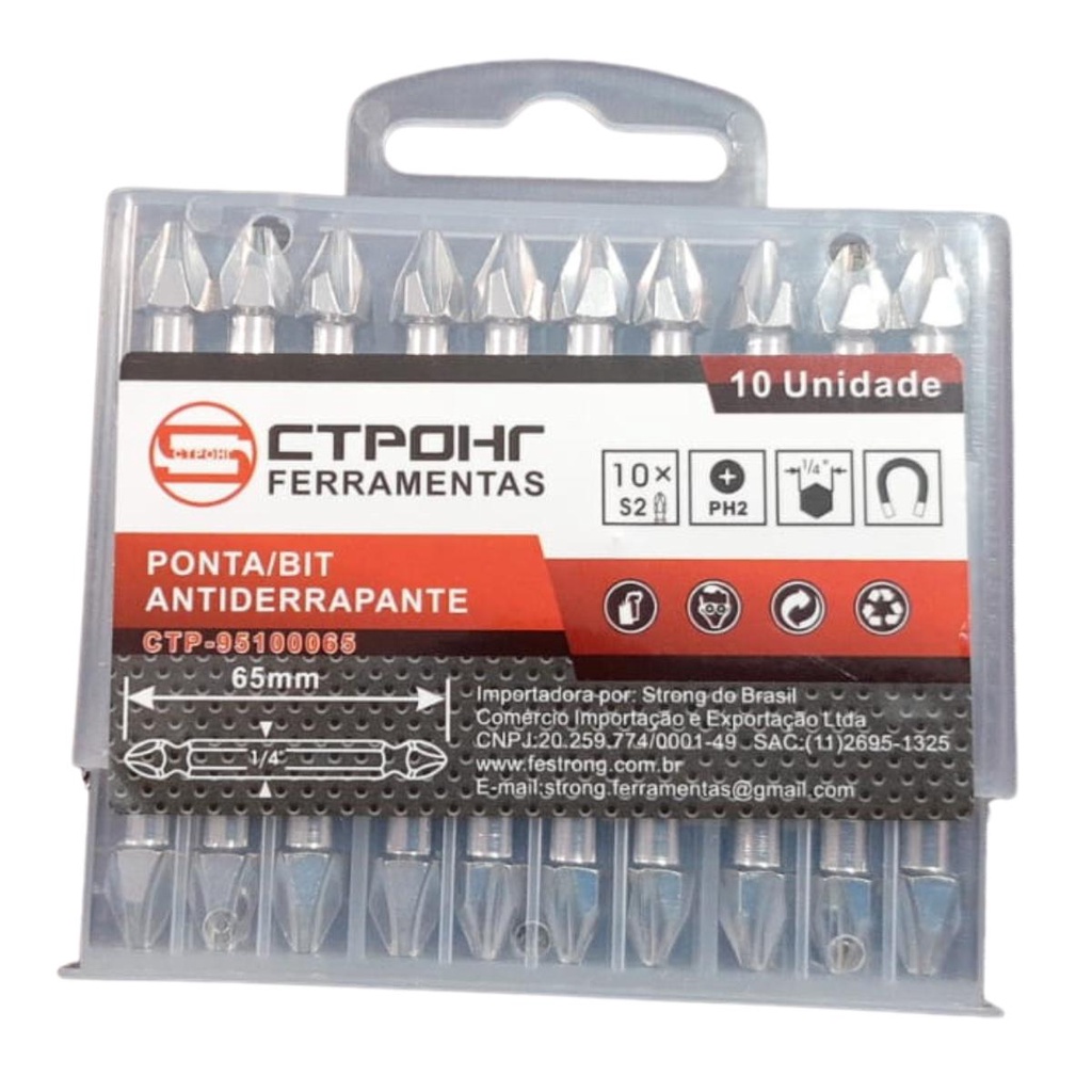Kit 10 Ponta Bit Dupla Ph2 65mm Phillips Antiderrapante