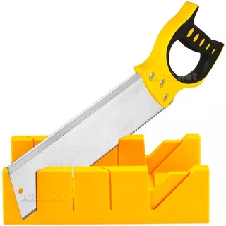 Kit Gabarito Serra Serrote Costa + Caixa Meia Esquadria Corta em Ângulos 45° / 90° Madeira Gesso