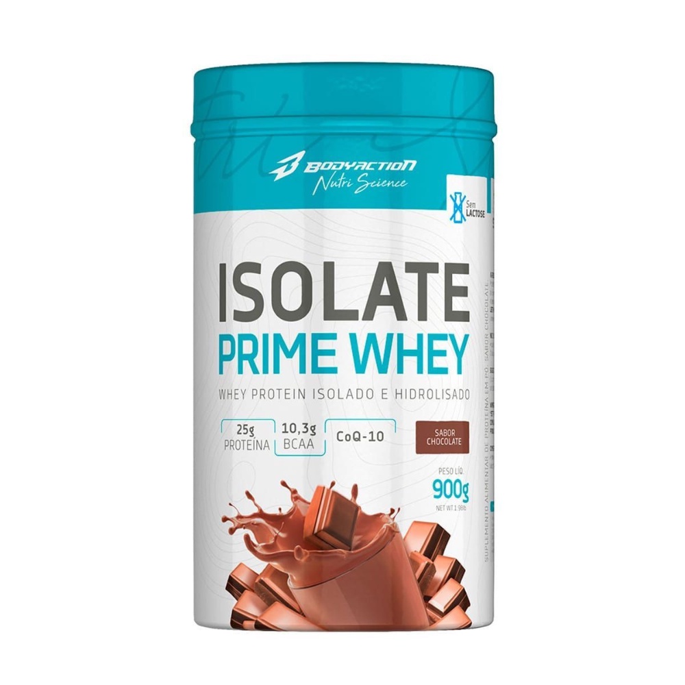 Suplemento em Pó Isolate Prime Whey 900g da Body Action – Sabor Chocolate – 25g De proteina – Coq-10 – Hidrolisado