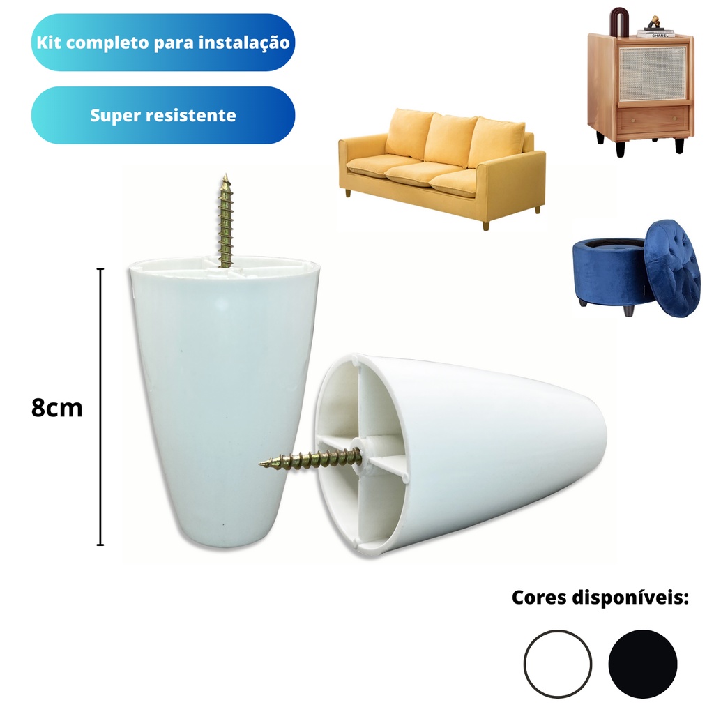 Sapata Pé Para Móveis Armário Sofá Rack Puff Redondo 8cm Branco / Preto