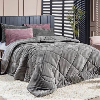 Kit Coberdrom Solteiro 02 Peças Edredom Cobertor Canelado Boston - Dupla Face Manta Canelada e Sherpa Colorida Toque Quente Macio Lã de Carneiro Roupa de Cama Inverno Decoração Quarto