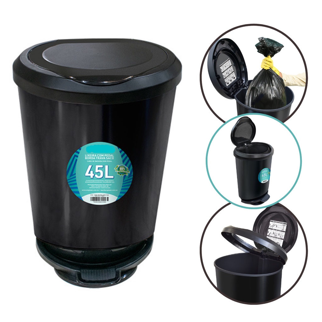 Lixeira Cesto 45 Litros Preta C/ Pedal E Trava Saco Plástico Grande