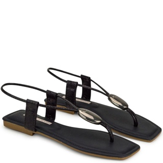 Rasteira Craquele Preto Enfeite Oval