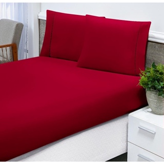 Kit Roupa Cama Jogo De Lencol VERMELHO Casal Queen MicroPercal 3pcs 400 fios Ponto Palito Macio Toque Acetinado Liso com Elastico