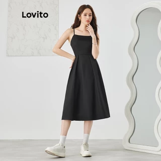 Lovito Vestido de Alcinha Feminino Casual Liso Decote Quadrado Plissado All-Match Estilo Coreano com Bolsos L35AD032 (Preto)