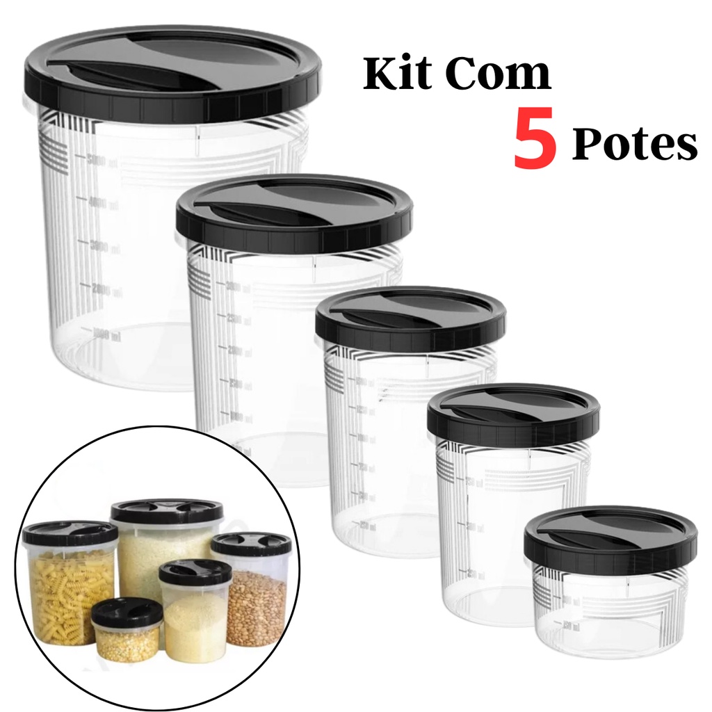 Kit 5 Potes Porta Mantimentos Alimentos Plástico Com Tampa