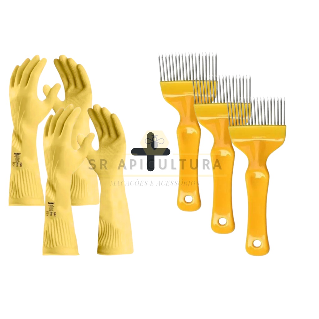 Kit melar mel duas luvas e tres garfos apicultura | Shopee Brasil