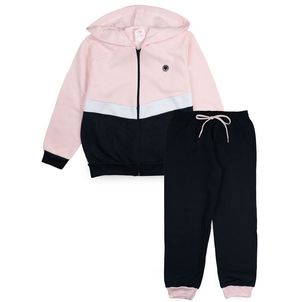 Conjunto Infantil Feminino Moletom com Capuz e Zíper Fashion Girl Rosa 0030 - Laluna