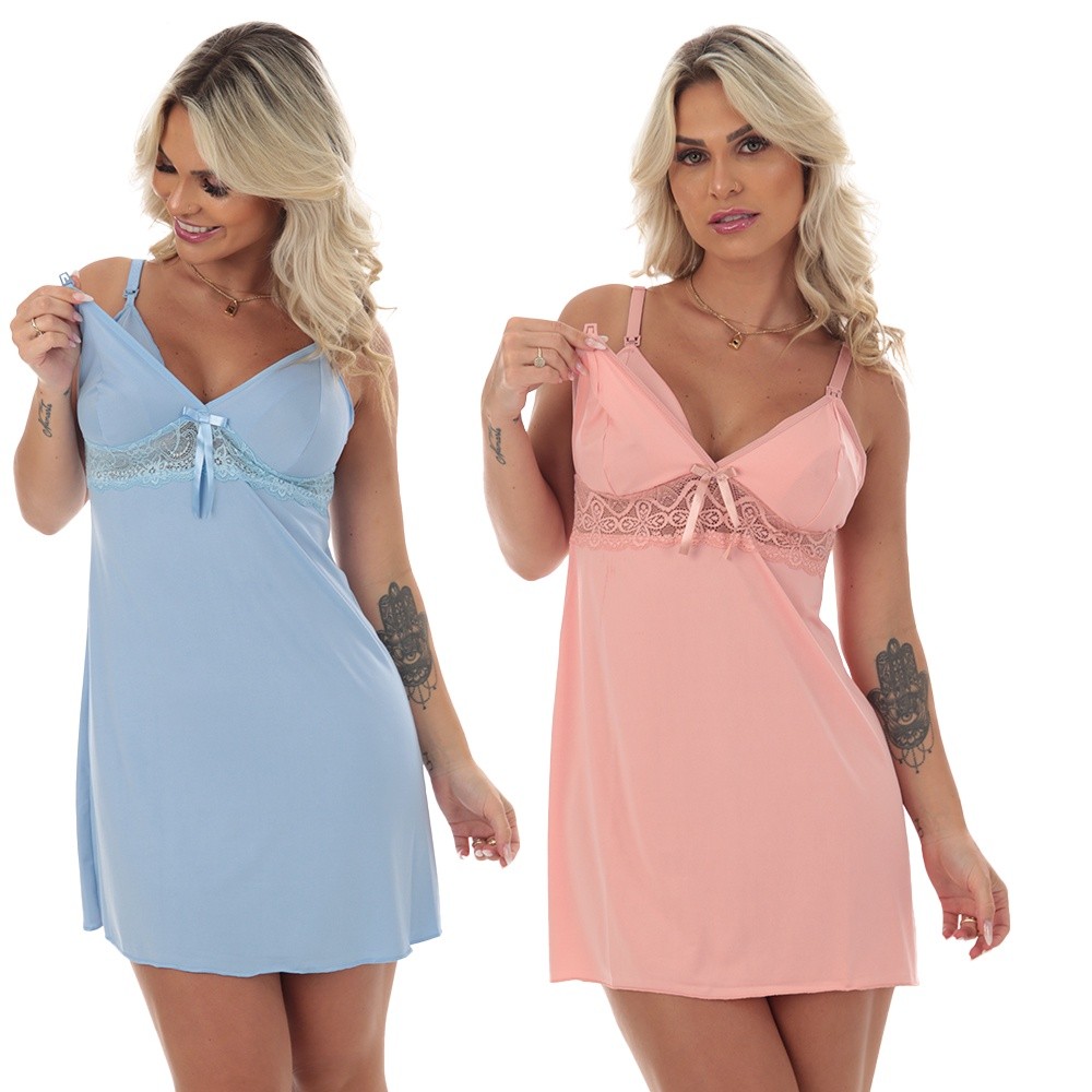 Kit 2 Camisola Amamentação Ñusta Microfibra Detalhe Em Renda Gravida Feminino
