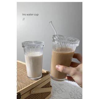 INS 375ML Copo De Vidro Listrado Vertical Com Canudo Canecas Leite Xícara De Café Chá Uísque Copos Drinkware Aniversário