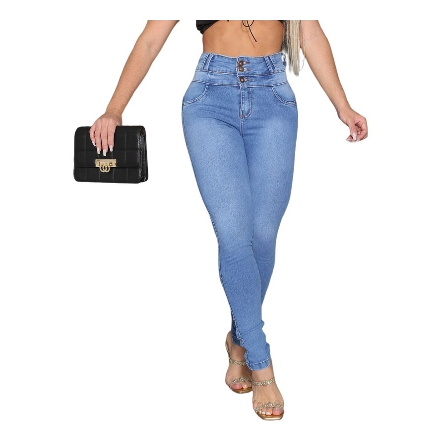 Calça Jeans Cós Alto Duplo Comprime A Cintura Com Lycra