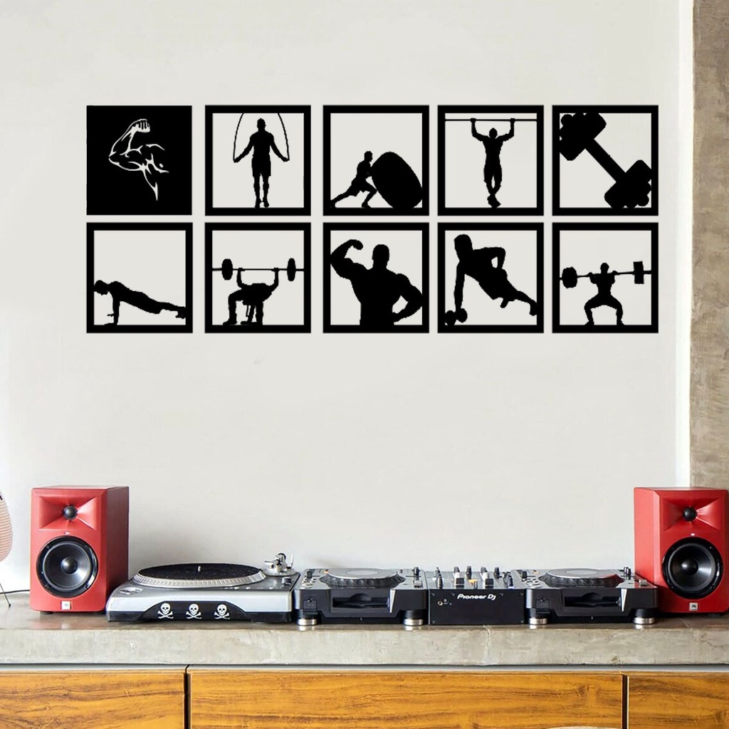 Kit 10 Quadros Vazados Crossfit Musculação 13 cm cada Fisiculturismo Maromba Decoração Parede Sala Escultura Aplique Enfeite Quarto MDF 3mm
