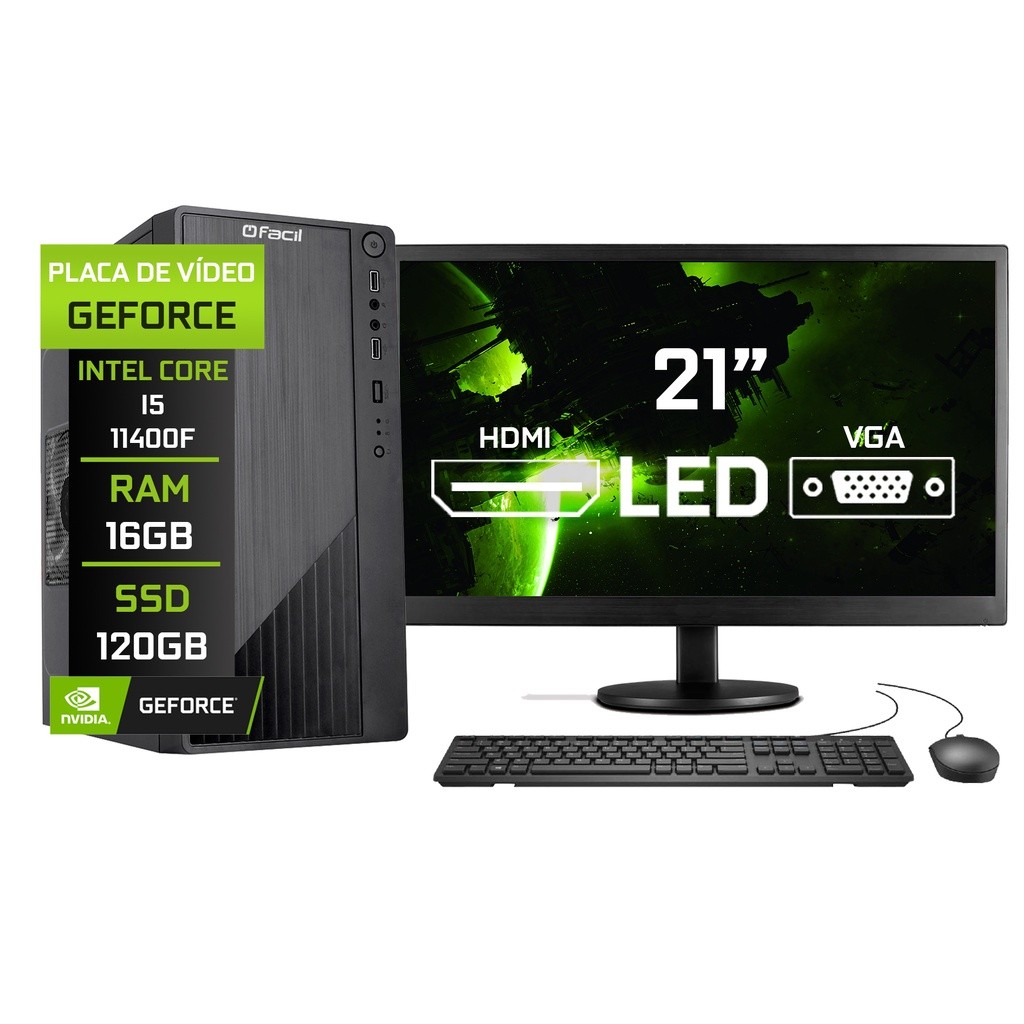 Computador Completo Fácil Intel Core i5 11400F (11ª Geração) 16GB DDR4 Geforce Nvidia 1GB SSD 120GB Monitor 21" LED