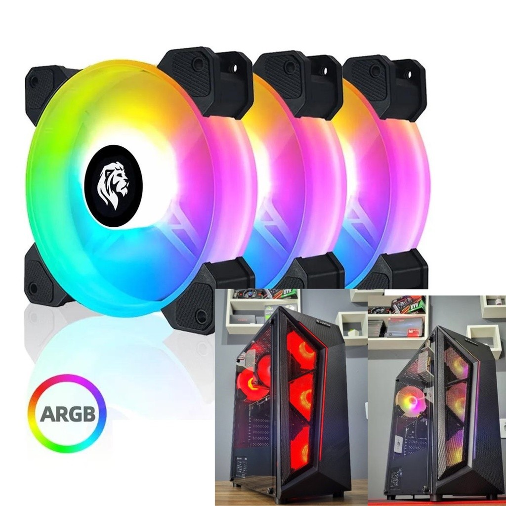 Kit 3 Fan LED RGB Que Muda de Cor e Efeito GB1710 GB1713 Matrix 120mm para Gabinete Com Fan Macho