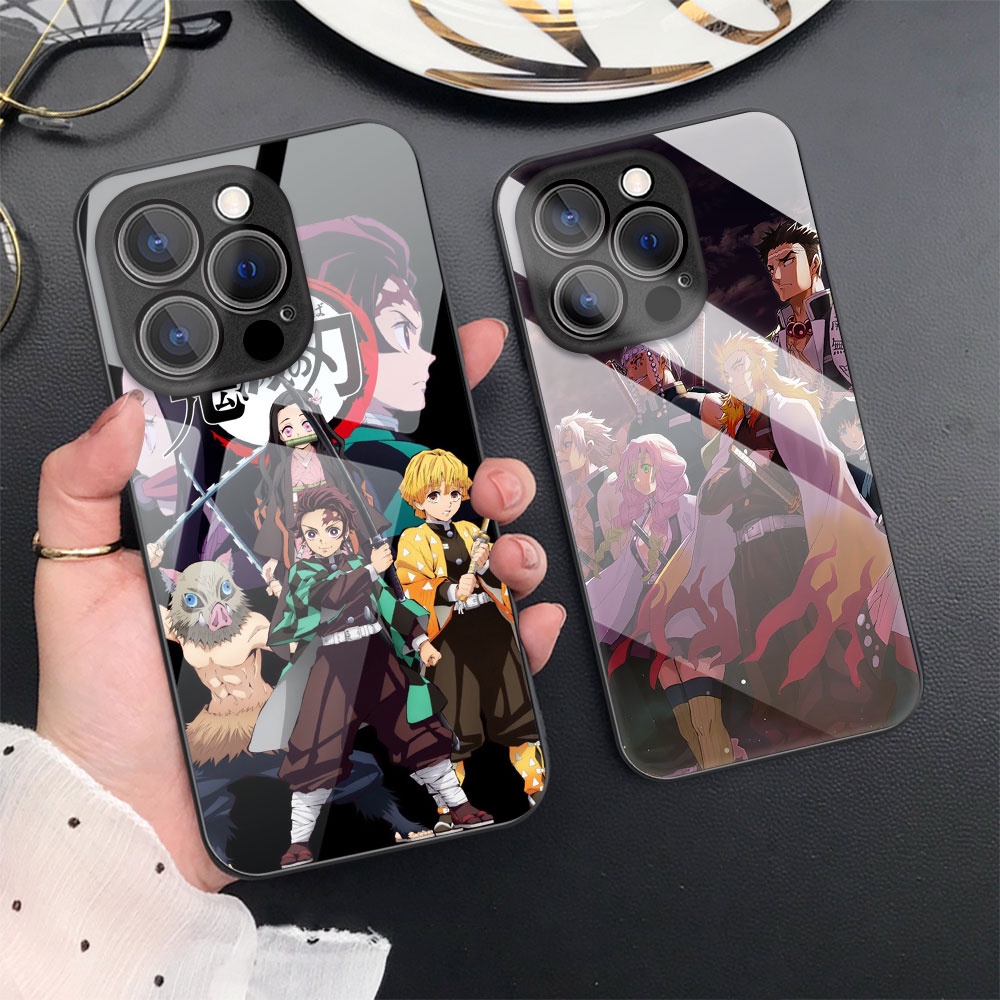 Caixa Dura De Vidro Temperado Compatível Para iPhone 14 Pro Max 13 12 mini 11 Xs XR 7 8 Plus Proteção Da Câmera Padrão Anime Demon Slayer De Luxo