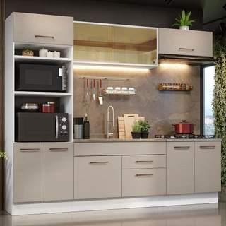 Armário de Cozinha Completa 270cm Branco/Crema Agata Madesa 03 em Oferta na Shopee