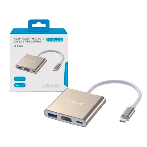 Adaptador 3x1 - Cabo Tipo C HDTV, Entrada Tipo c Fêmea, Usb 3.0 Thunderbolt 3 X Hdmi Usb 3.0