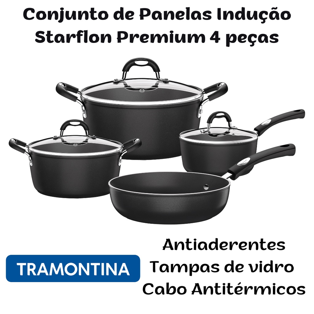 Jogo de Panelas Tramontina Mônaco Induction em Alumínio com Antiaderente  Starflon Premium Preto 4 Peças - Tramontina - 28799001 - Indução