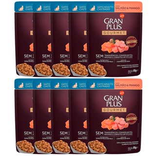 Kit 10 Rações Úmidas Gran Plus Sachê Gatos Gourmet Castrados Salmão e Frango 85g