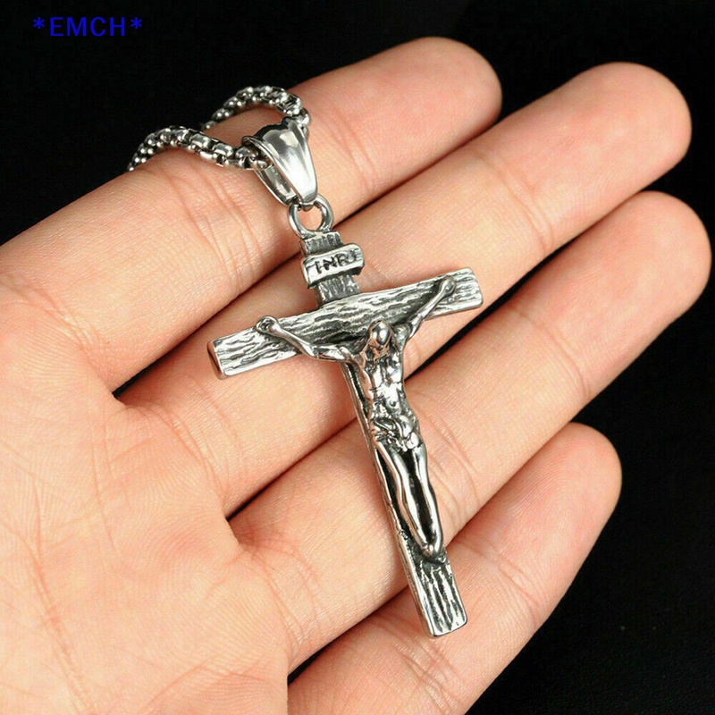 EMCH > Prata Masculina Aço Inoxidável Jesus Cristo Crucifixo Cruz Pingente Colar Corrente Nova
